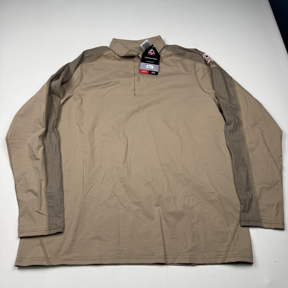 Bulwark FR Flex Knit Polo Shirt Mens XL Beige Long Sleeve Flame Resistant CAT2